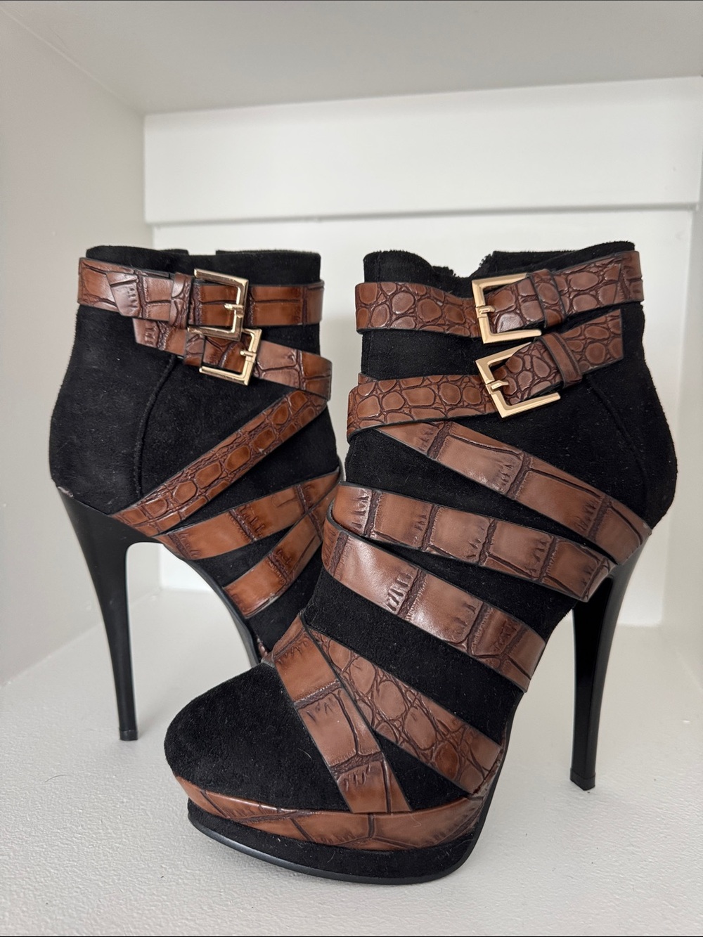 NEW Black & Brown Strappy Suede High Heel Ankle Boots